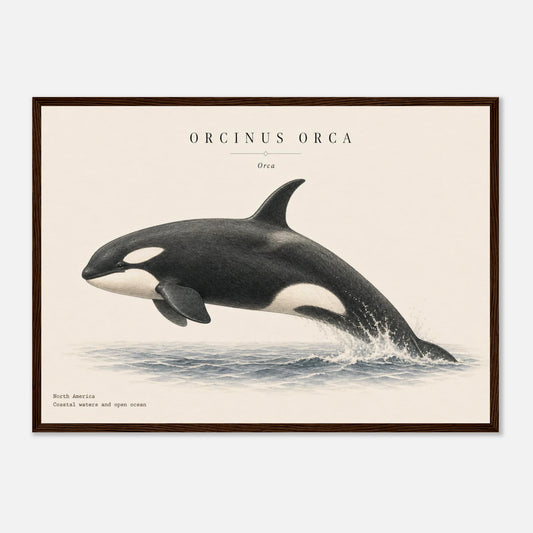 Affiche Orque naturaliste paysage encadrée en bois foncé — illustration de l'orque, mise en situation murale