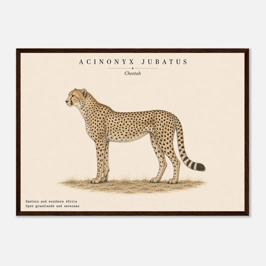 Affiche Guépard naturaliste paysage encadrée en bois naturel — illustration du guépard, mise en situation murale