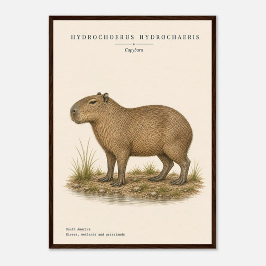 Affiche Capybara naturaliste portrait encadrée en bois naturel — illustration du capybara, mise en situation murale