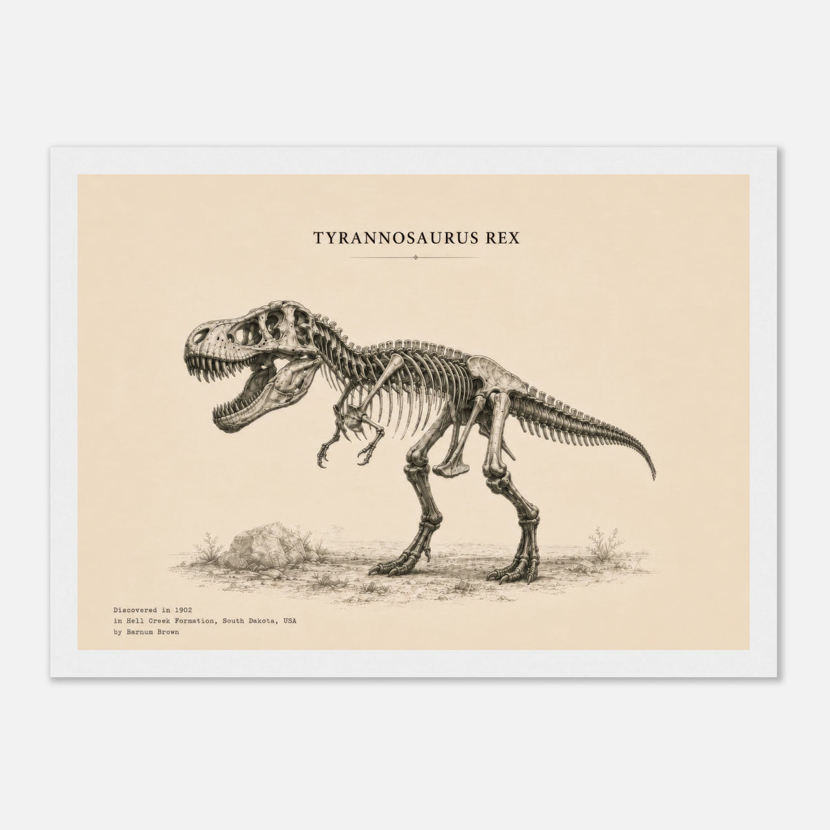 Affiche T-Rex squelette fossilisé paysage – Cadre en bois naturel — visuel de présentation