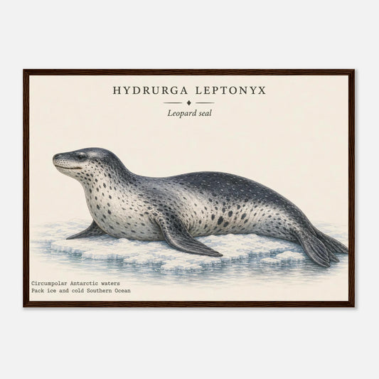Affiche Léopard de mer naturaliste paysage encadrée en bois blanc — illustration du léopard de mer, mise en situation murale