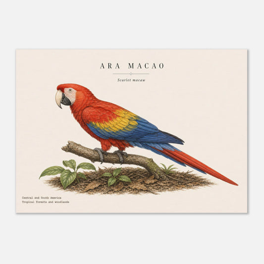 Affiche Ara rouge naturaliste paysage – Papier qualité musée — illustration de l'ara rouge sur fond ivoire