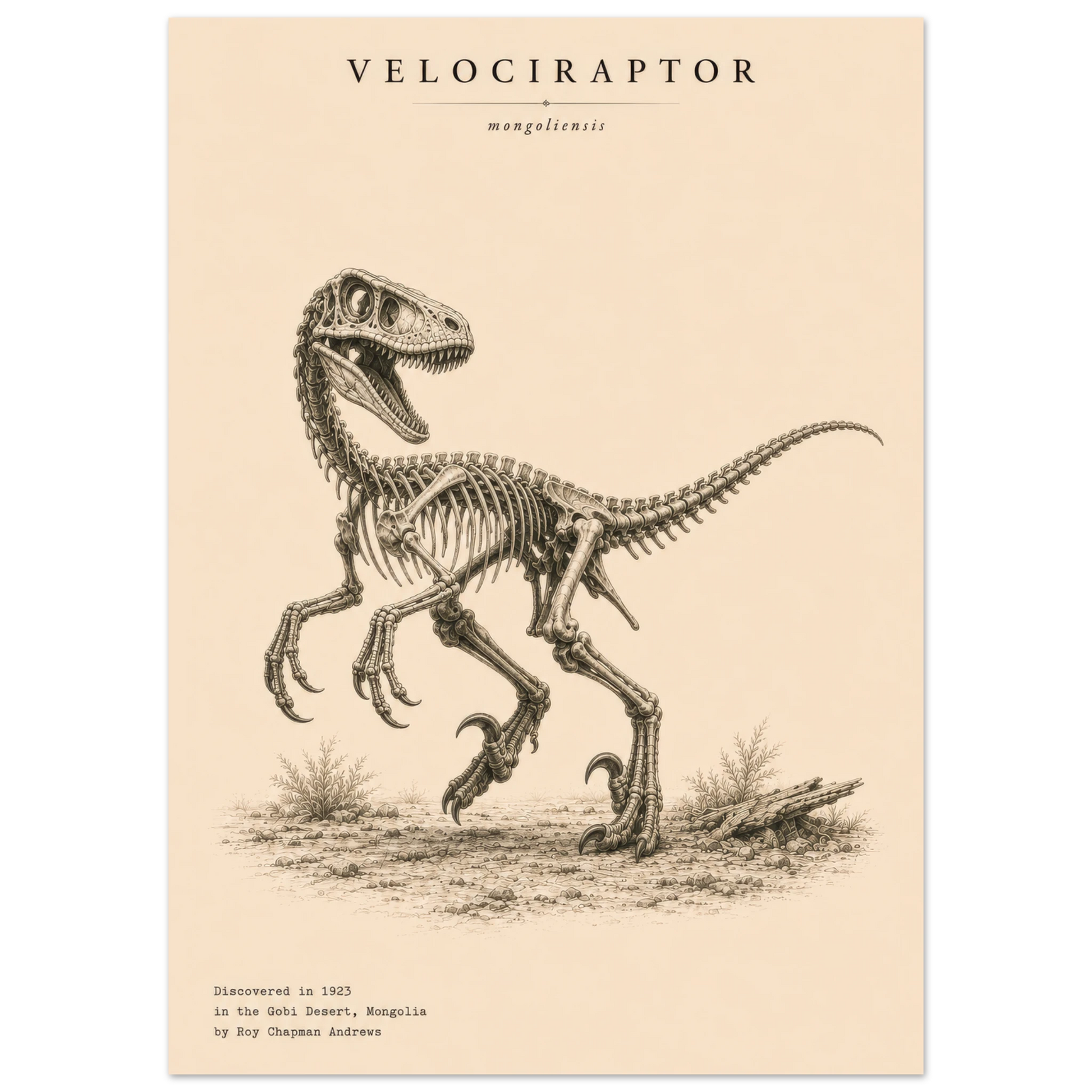 Affiche Vélociraptor squelette fossilisé portrait – Papier qualité musée — illustration de face sur fond blanc