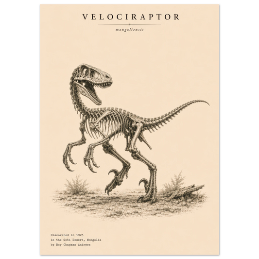 Affiche murale Vélociraptor squelette fossile, illustration Mûrale qualité musée