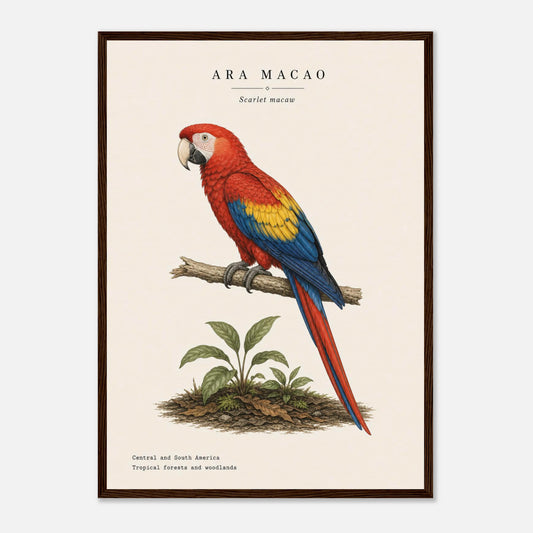 Affiche Ara rouge naturaliste portrait encadrée en bois naturel — illustration de l'ara rouge, mise en situation murale
