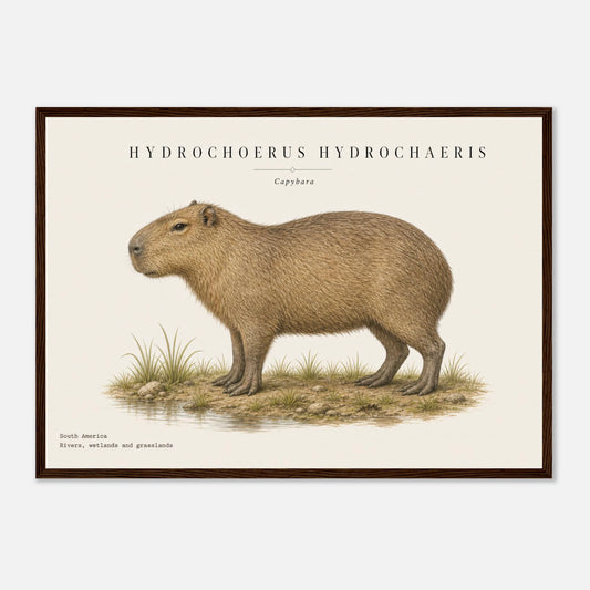 Affiche Capybara naturaliste paysage encadrée en bois naturel — illustration du capybara, mise en situation murale
