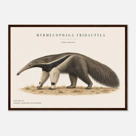 Affiche Fourmilier géant naturaliste paysage encadrée en bois blanc — illustration du fourmilier géant, mise en situation murale