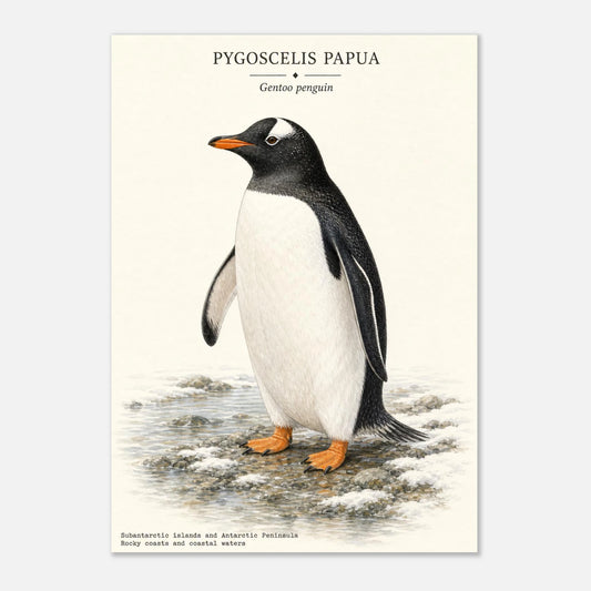 Affiche Manchot papou naturaliste portrait – Papier qualité musée — illustration du manchot sur fond ivoire