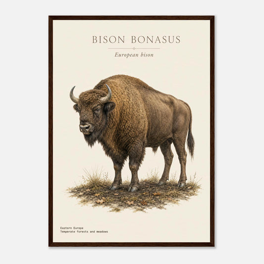 Affiche Bison d'Europe naturaliste portrait encadrée en bois foncé — illustration du bison d'Europe, mise en situation murale