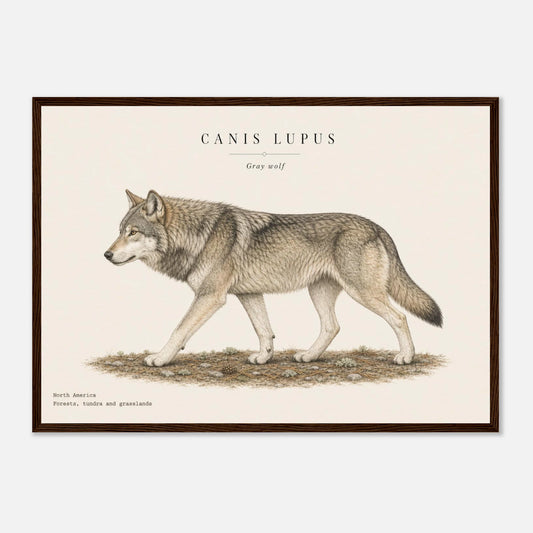 Affiche Loup gris naturaliste paysage encadrée en bois foncé — illustration du loup, mise en situation murale