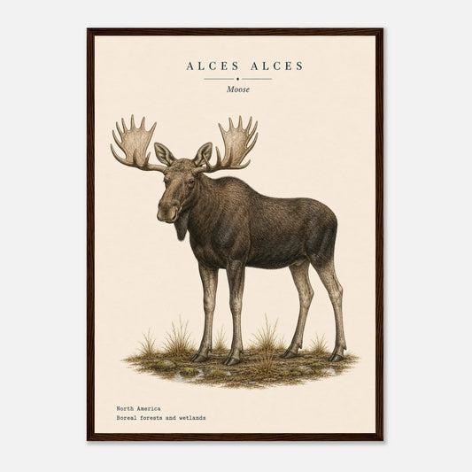 Affiche Orignal naturaliste portrait encadrée en bois naturel — portrait de l'orignal, mise en situation murale