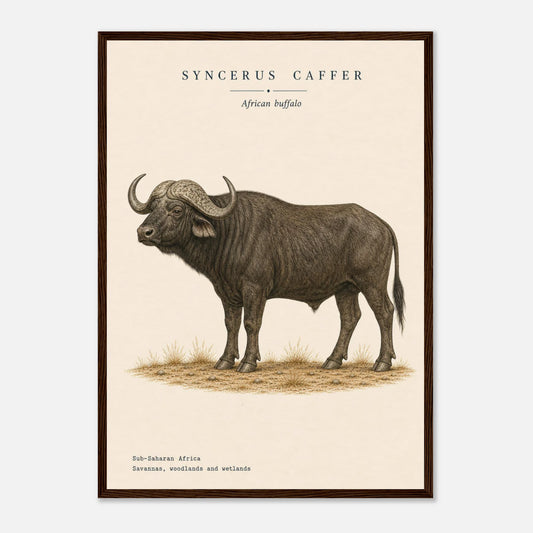 Affiche Buffle d'Afrique naturaliste portrait encadrée en bois blanc — portrait du buffle, mise en situation murale