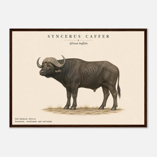 Affiche Buffle d'Afrique naturaliste paysage encadrée en bois foncé — illustration du buffle, mise en situation murale