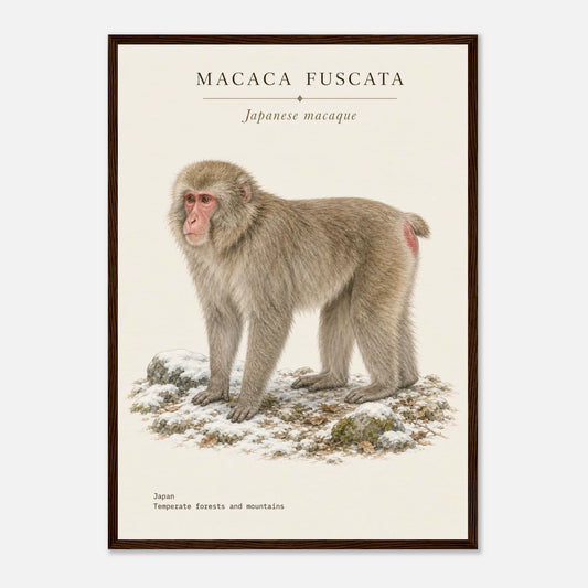 Affiche Macaque japonais naturaliste portrait encadrée en bois blanc — illustration du macaque japonais, mise en situation murale