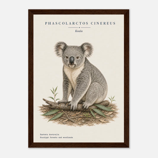 Affiche Koala naturaliste portrait encadrée en bois naturel — illustration du koala, mise en situation murale