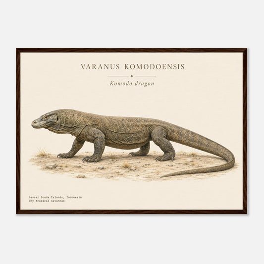 Affiche Dragon de Komodo naturaliste paysage encadrée en bois noir — illustration du dragon de Komodo, mise en situation murale